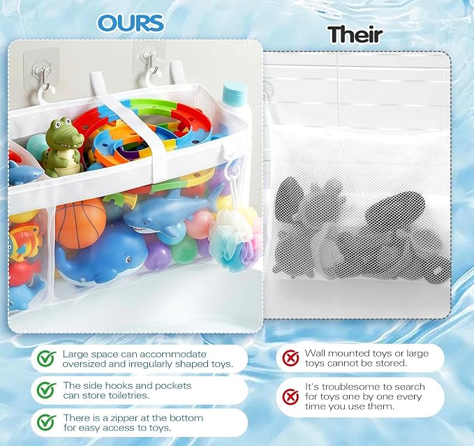 Extra Large Openings Bath Toy Organizer with 2 Compartments and Multiple Pockets, Quick-Dry Mesh Bathtub Toy Storage and Holder for Easy Access and Sorting of Toys(23.6x7.87x6IN)