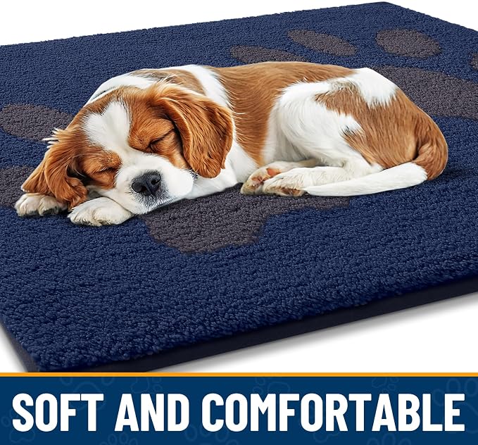 Smiry Dog Door Mat for Muddy Paws, Absorbs Moisture and Dirt, Low-Profile Entryway Mat with Non-Slip Backing, Entry Indoor Outdoor Doormat for Inside Floor (36x24 Inches, Navy Blue, Paw)