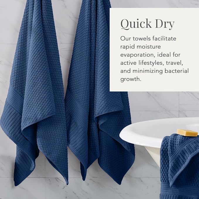 NY Loft 100% Cotton 4-Pack Bath Towel Set | Navy | Oeko-TEX | Quick-Dry | Four 30" x 52" Bath Towels | Super Absorbent | Designer-Styled Texture