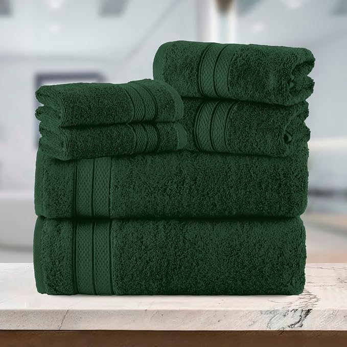 Elegant Comfort Luxury 6-Piece Towel Set, Premium Soft 100% Turkish Cotton, Three Line Popcorn Design 2 Bath Towels, 2 Hand Towels and 2 Washcloths Towel Set - Quick-Drying and Absorbent, Forest Green