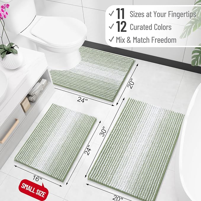 OLANLY Toilet Rugs U-Shaped 24x20, Extra Soft Absorbent Chenille Striped Contour Bathroom Rugs for Toilet, Dry Quickly, Machine Washable, Non-Slip Bath Mat, Sage Green