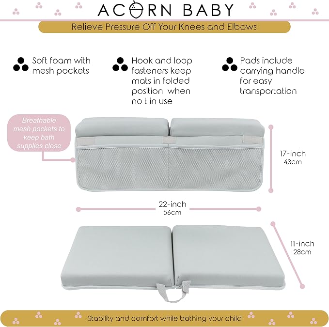 Acorn Baby Bath Kneeler and Elbow Rest Pad - Over Tub Foam Bathtub Kneeling Pad with Storage Pockets and Suction Cups 814205
