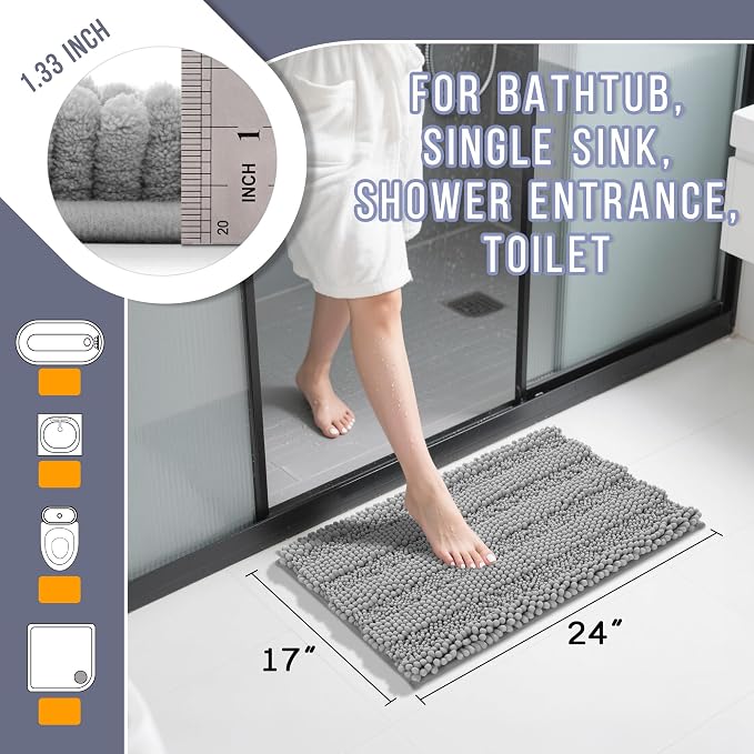 Yimobra Bathroom Rug Mat, Non Slip and Super Absorbent Bath Mat, Machine Washable Quick Dry, Ultra Plush Chenille Shower Rugs for Bathroom Floor Sink Tub and Shower Outside, Gray, 24 x 17