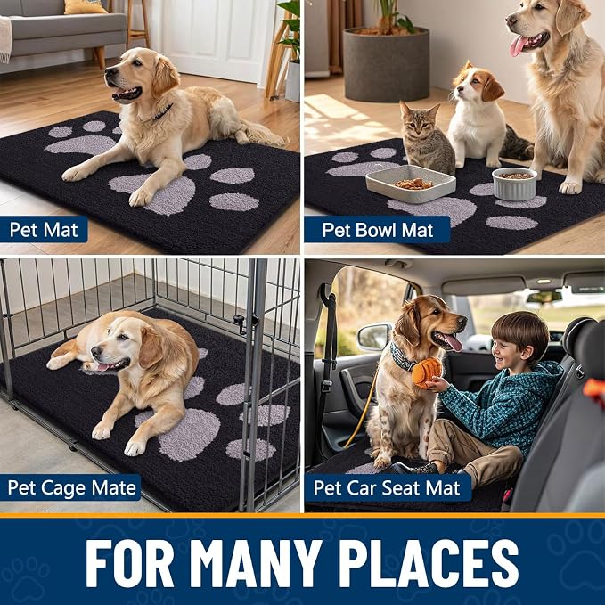 Smiry Dog Door Mat for Muddy Paws, Absorbs Moisture and Dirt, Low-Profile Entryway Mat with Non-Slip Backing, Entry Indoor Outdoor Doormat for Inside Floor (70x24 Inches, Black and Grey, Paw