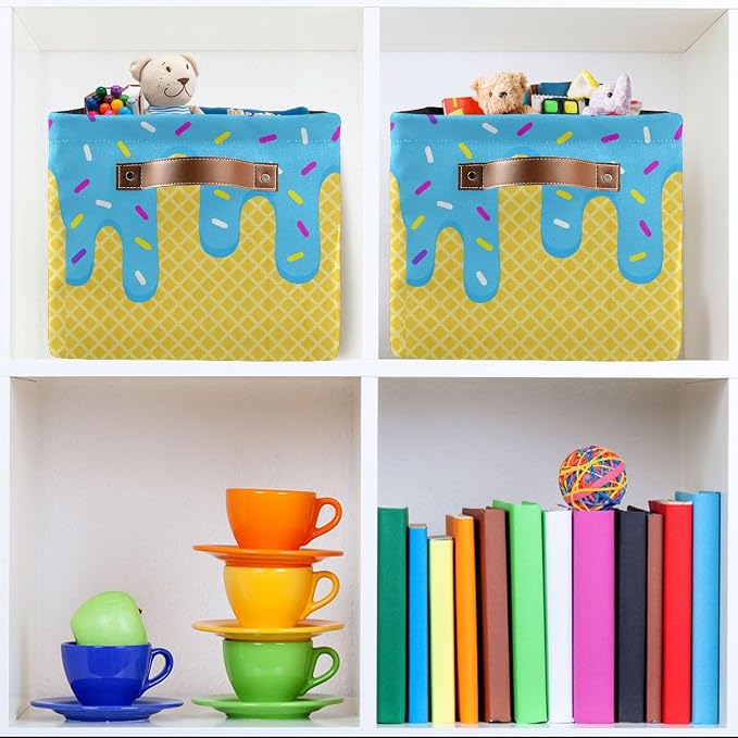 Wamika Ice Cream Drip Baseball Storage Basket with Waterproof Liner and PU Handles Blue Candy Storage Bins Boxes 14.2" Collapsible Decorative Organizer Baskets for Bedroom Closet Office 1 Pack