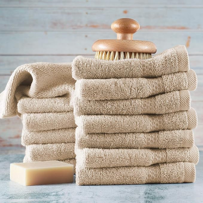 Hearth & Harbor Washcloths 12 Pack - 100% Cotton Washcloth for Body and face, High Absorbent and Soft 13"x13" Body Wash Cloth, Quick Dry - Cream Washcloths