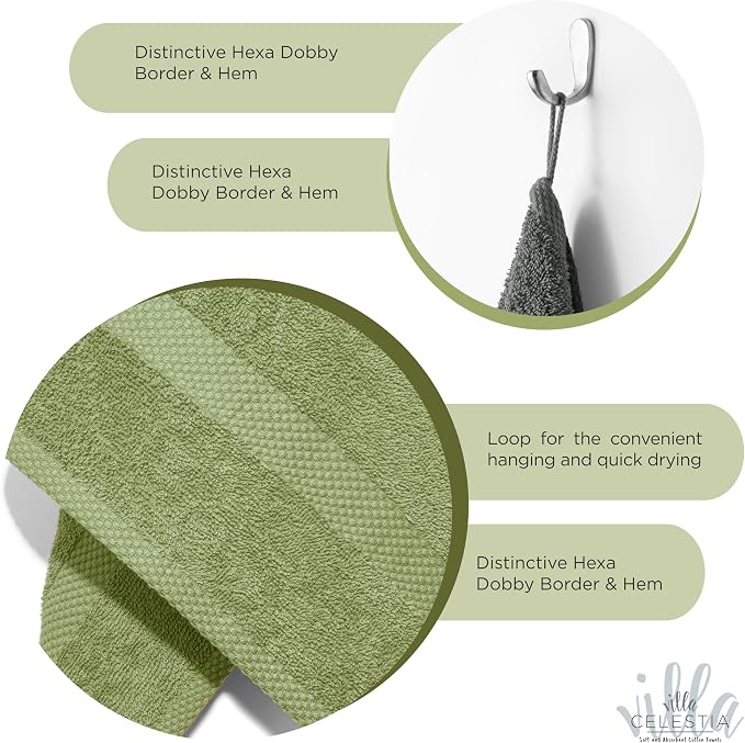 Villa Celestia Cotton Hand Towels Set of 4, 16 x 28, Oeko-TEX Certified, Quick Dry, Sage