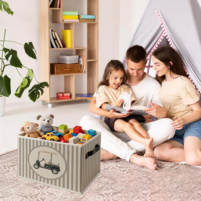 Vintage Golf Nursery Storage Bins Box with Handles, Golfing Sports Decor for Boys, Striped Golf Cart Aesthetic Collapsible Organizer Basket for Nursery Room Bedroom Playroom Toys Books