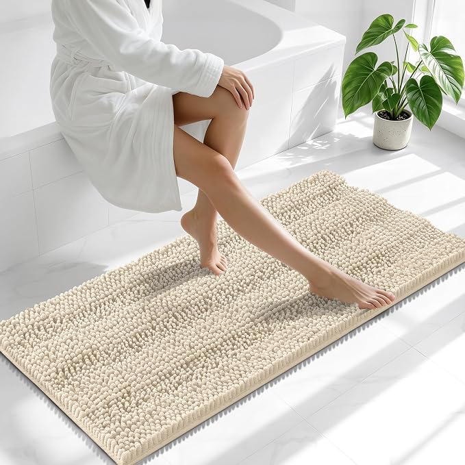 Smiry Thick Chenille Bathroom Runner Rugs 47x20, Extra Absorbent Striped Bath Mat, Machine Washable, Rubber Backing, Long Bath Rugs for Tub & Shower, Modern Home Decor Accessories, Sand