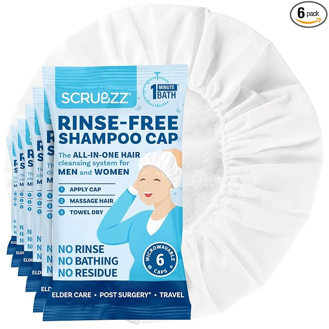 Scrubzz Shampoo Caps No Rinse for Elderly and Bedridden Patients, Rinse Free Shampoo Caps for Post Surgery and Hospital Stays, Waterless Hair Washing Shower Caps - 6 Pack