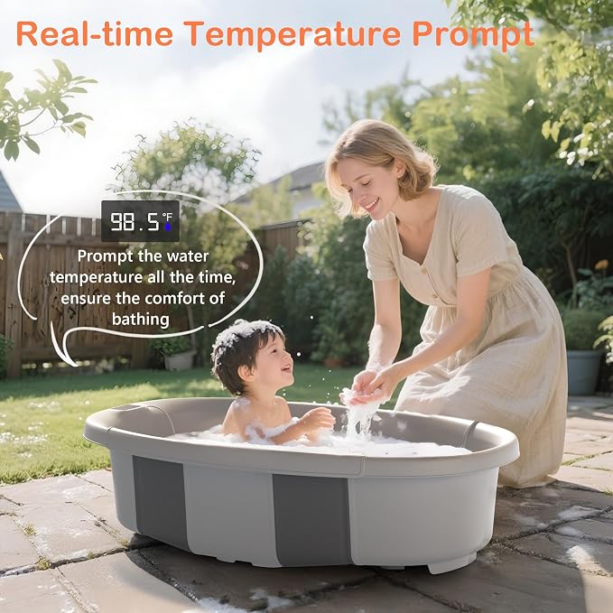 Collapsible Baby Bathtub - Large Baby Bath Tub with Thermometer & Cushion | Travel Portable Newborn Infant Bathtub | Foldable Toddler Bathtub for Baby 0 to 36 Months (Grey)