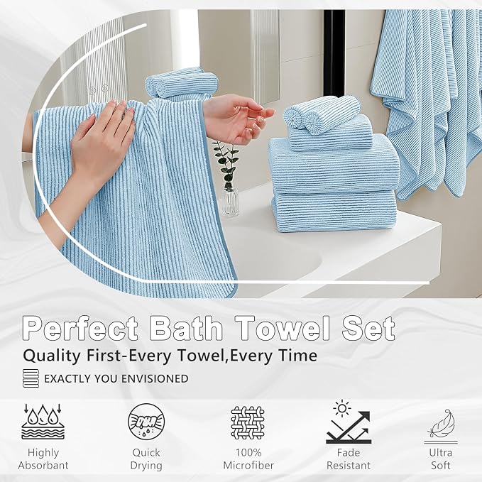 4 Piece Bath Towel Set 35"x70"Oversized Bath Towel for Bathroom Ultra Soft Fluffy Extra Large Bath Sheet Luxury Premium Bathroom Towel Highly Absorbent Quick Dry Shower Towel for Hotel Spa,Blue White