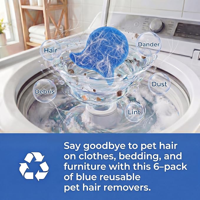 6 Pack Pet Hair Remover for Laundry – Reusable Blue Dog & Cat Fur Catcher for Washing Machine and Dryer, Effectively Traps Lint, Dander from Clothes, Bedding, and Furniture