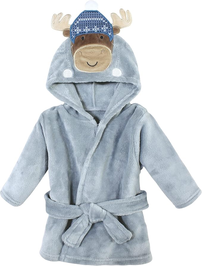 Hudson Baby Unisex Baby Plush Animal Face Bathrobe, Winter Moose, 0-9 Months
