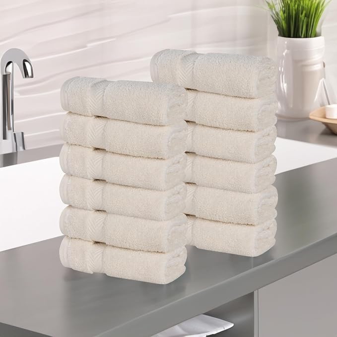 Superior Cotton Face Towel/Washcloth Set, Small Facial Towels, Spa, Hotel, Guest, Home, Bathroom Basics, Plush Soft Absorbent, Luxury Quick Drying, Zero Twist Collection, Set of 12, Ivory