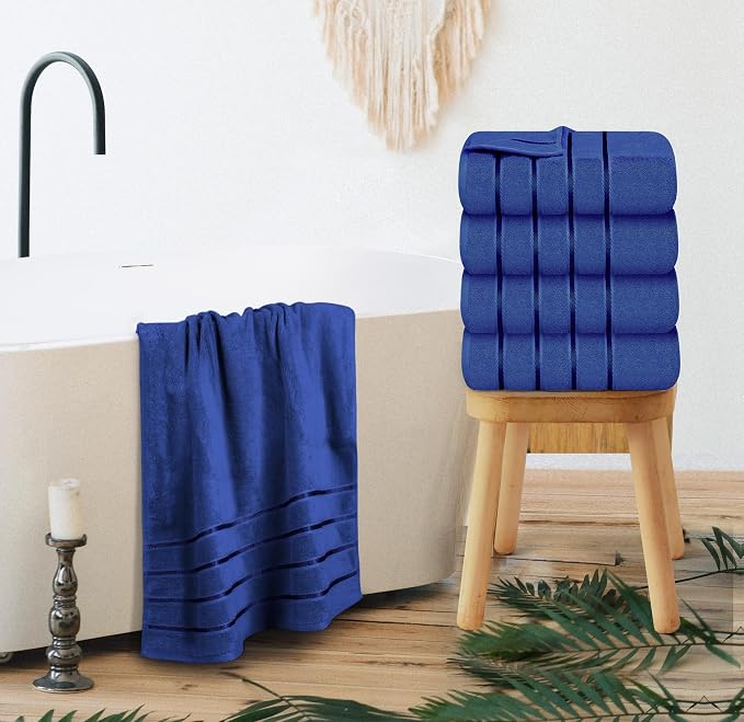Luxury Bath Towels Set of 4, 27x54 Inches 600GSM 100% Cotton Ring Spun – Daily Use Highly Absorbent Viscose Stripe Bath Towel Sets for Bathroom, Hotel, Spa (Royal Blue)