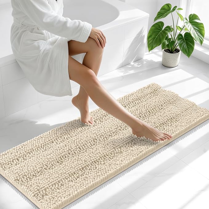 Smiry Thick Chenille Bathroom Runner Rugs 47x17, Extra Absorbent Striped Bath Mat, Machine Washable, Rubber Backing, Long Bath Rugs for Tub & Shower, Modern Home Decor Accessories, Sand