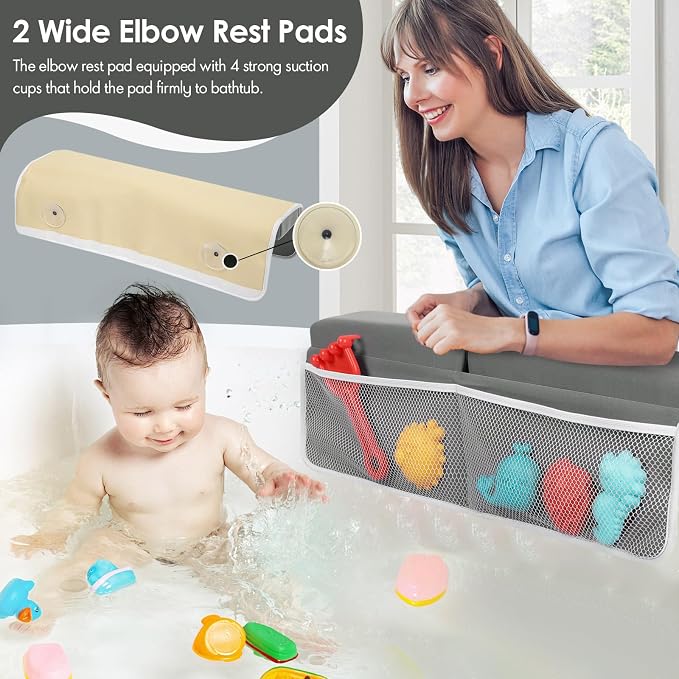 Bath Kneeler and Elbow Rest Pad Set - 2-Inch Thick Comfortable Baby Bath Kneeler Pads, Quick-Dry Non-Slip Bathtub Mat with Toy Organizer for Knee & Arm Support for Baby Bath Time