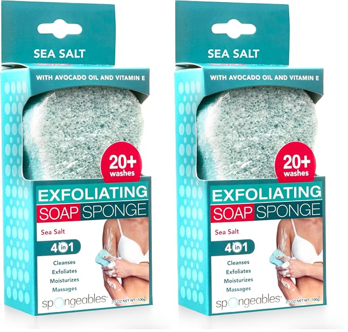Spongeables Spongeables Exfoliating Body Wash in A Sponge, Sea Salt, Contains Avocado Oil and Vitamin E, Cleanse, Exfoliate, and Moisturize, 3.5 Oz, 20+ Washes, Pack of 2