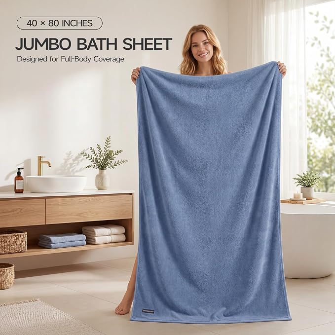 ecolook Pack of 1 Jumbo Bath Sheet (40 x 80 Inch), 980GSM 100% Cotton Extra Large Bath Towels, Super Soft Thick Highly Absorbent Oversized for Adults, Blue