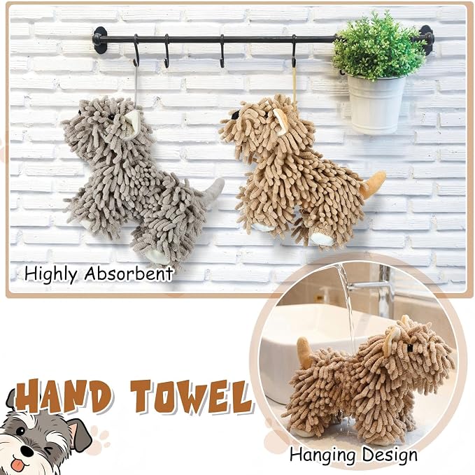 Tegeme 2 Pcs Chenille Dog Hand Towel Fuzzy Towel Absorbent Microfiber Soft for Bathroom Kitchen Washstand (Grey Brown,Standing Dog)