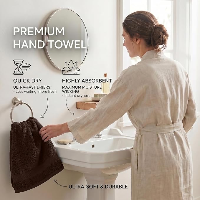 RIVERSIDE 6-Pack Premium Hand Towels Set, 16x28 inches, 100% Ring Spun Cotton, Super Soft, Quicker to Dry and Highly Absorbent, Towels for Bathroom, Kitchen, Gym, Spa, Brown