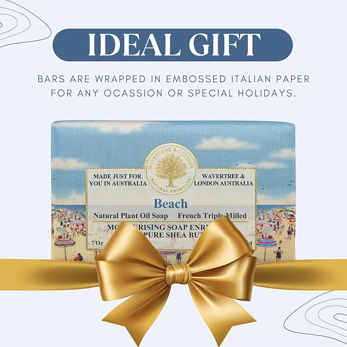 Wavertree & London Beach Scented Natural Soap (2 Bars), 7oz Moisturizing French Triple Milled Soap Bars enriched with shea butter - Pure Plant Based Bath & Body Bars for All Skin Types