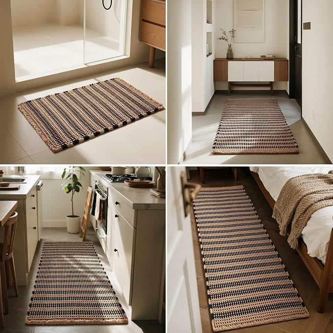Triohero Waffle Bath Mat, Boho Bathroom Rugs Non Slip Washable, Ultra Soft Super Absorbent Quick Dry Farmhouse Bathroom Decor, 24" x 48", Khaki & Black