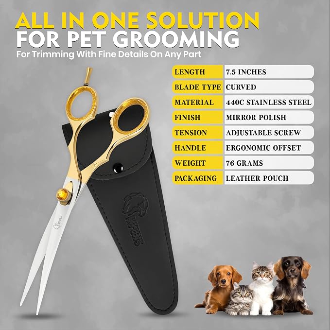 7.5 Inch Curved Grooming Scissors for Dogs and Cats – Professional Pet Grooming Shears for Face, Paws, Body and Tail – Sharp, Smooth, Ergonomic Curved Blades for Salon Groomers and Home Use