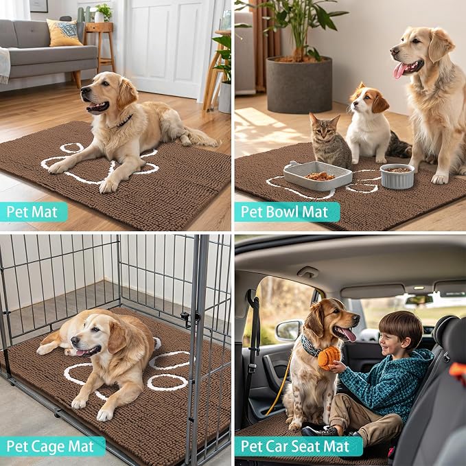 Smiry Dog Door Mat for Muddy Paws, Absorbent Dirt Trapper Non Slip Quick Dry Washable Chenille Mat for Mud Dogs, Entry Rug for Indoor and Outdoor (30x20 Inches, Coffee and White)