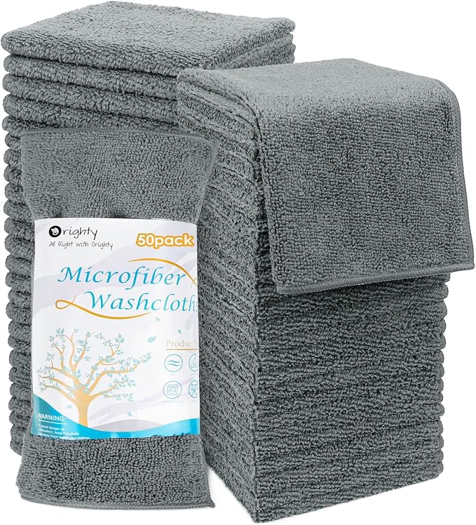 Orighty Washcloths Bulk, 50 Pack Highly Absorbent & Soft Feel Microfiber Face Towels, Multi-Purpose Wash Cloths & Hand Towels for Bathroom, Hotel, Spa, and Gym, 12x12 Inch, Grey