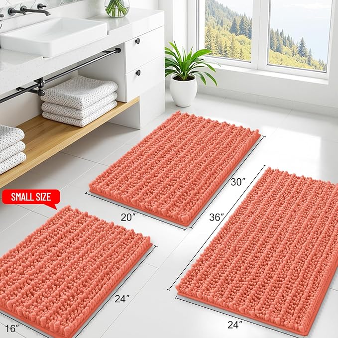 Smiry Bathroom Rugs Mat 34x21, Extra Soft Absorbent Chenille Bath Rugs, Non Slip Rubber Backing Machine Washable Quick Dry Bath Mats for Bathroom Floor, Tub, Shower, Home Decor Accessories, Coral