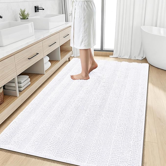 Smiry Thick Chenille Large Bathroom Rugs 59x35, Extra Soft Absorbent Striped Bath Mat, Machine Washable, Rubber Backing, Bath Rugs for Bathroom, Tub & Shower, Home Decor Accessories, White