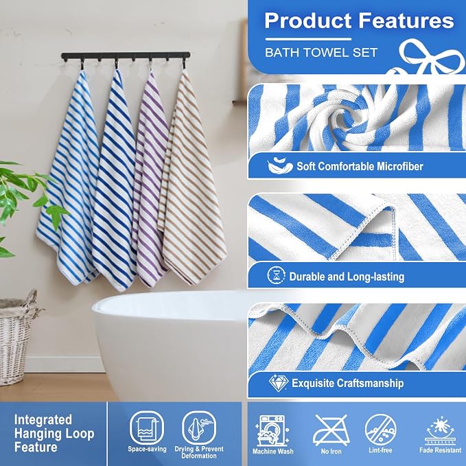 JML Microfiber Beach Towels, 4 Pack, 30" x 60", Cabana Stripe, Soft, Absorbent, Quick Dry Large Bath Towel Set for Adult, Travel, Summer Pool Party, Sport, Swimming, Yoga, Camping, StripeBlue
