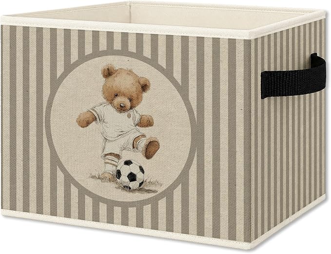 Soccer Bear Nursery Foldable Storage Bins Box with Handles, Neutral Striped Soccer Player Bear Collapsible Organizer Basket for Boys Kids Bedroom Bathroom Playroom Clothes Books