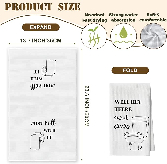 Bath Towels Set of 2, Funny Toilet Roll Dish Towel for Bathroom Spa Kitchen, Just Roll with It Decorative Hand Towels, Fast Drying Tea Towel, Housewarming Xmas Gifts for Women Mom -B35