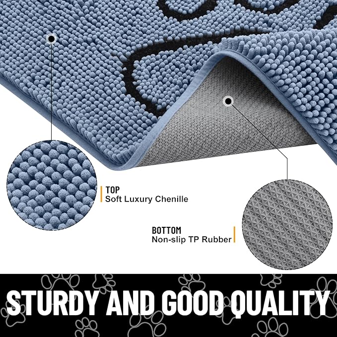 Smiry Dog Door Mat for Muddy Paws, Absorbent Dirt Trapper Non Slip Quick Dry Washable Chenille Mat for Mud Dogs, Entry Rug for Indoor and Outdoor (59x24 Inches, Airy Blue and Black)