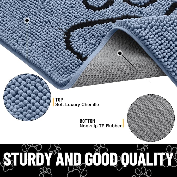 Smiry Dog Door Mat for Muddy Paws, Absorbent Dirt Trapper Non Slip Quick Dry Washable Chenille Mat for Mud Dogs, Entry Rug for Indoor and Outdoor (70x24 Inches, Airy Blue and Black)