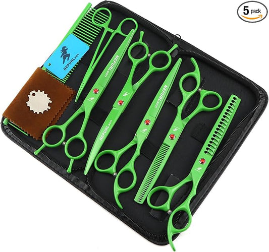 7.0-Inch Dog Grooming Scissors Set Pet Grooming Kit Fishbone Teeth Thinning Shears with Forceps Hairdressing Hair Styling Tool 5 Piece (Green)