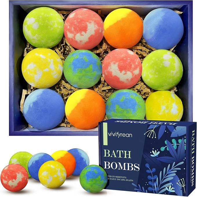 Bath Bombs for Men and Boys, Anniversary Birthday Gift Set, Stress Relief Bath Soak, Muscle Pain Relief, Organic Bath Bombs, with Essential Oils, Epsom Salt and Vitamin C, Non-Toxic, 6 Scents, 12 Pack