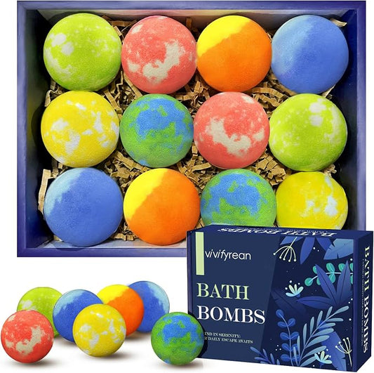 Bath Bombs for Men and Boys, Anniversary Birthday Gift Set, Stress Relief Bath Soak, Muscle Pain Relief, Organic Bath Bombs, with Essential Oils, Epsom Salt and Vitamin C, Non-Toxic, 6 Scents, 12 Pack