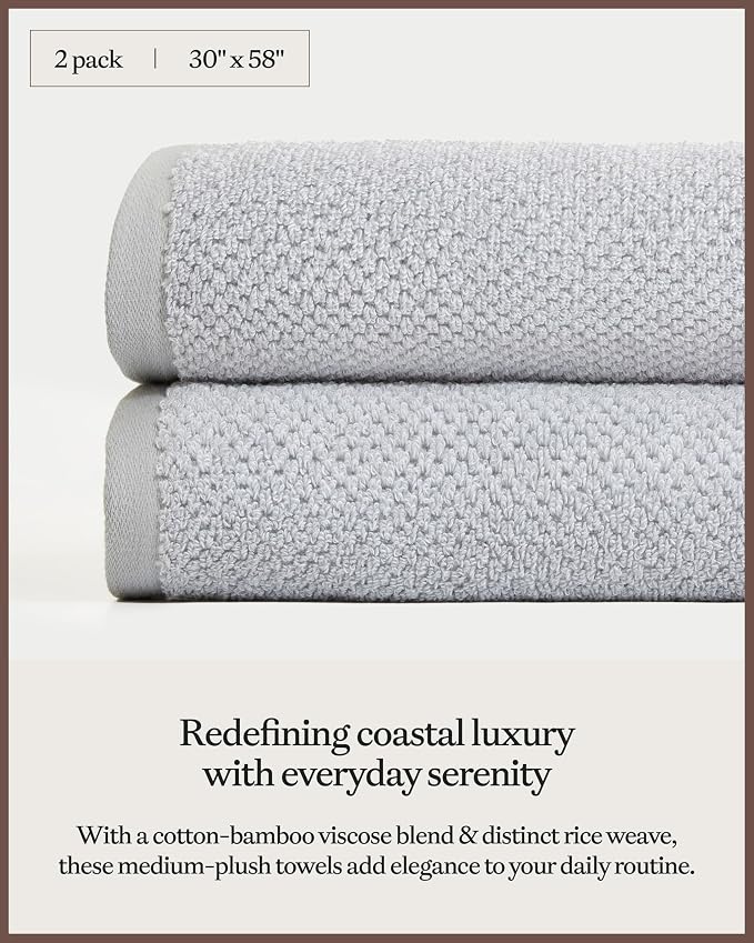 Cozy Earth Nantucket 60% Cotton 40% Viscose from Bamboo Bath Towel - 600 GSM Plush & Fast-Drying with Rice Weave Pattern - 2 Pack 30" x 58" Luxury Bath Towel - Harbor Mist