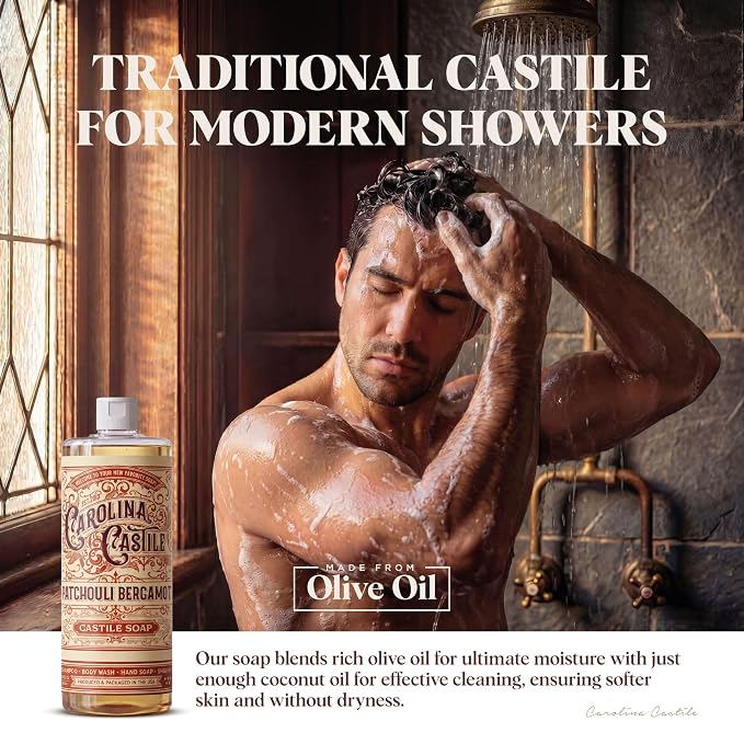 Carolina Castile Soap Patchouli Bergamot Scented Castile Soap - Certified Organic, High Olive Oil Content, Non-Drying, Made with Organic Oils, Concentrated Natural Soap for Men and Women