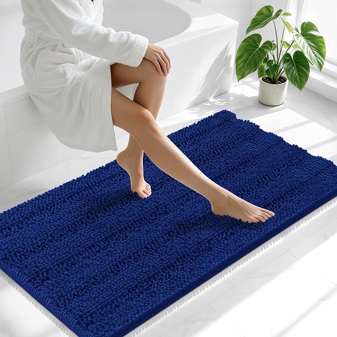Smiry Thick Chenille Bathroom Runner Rugs 47x24, Extra Absorbent Striped Bath Mat, Machine Washable, Rubber Backing, Long Bath Rugs for Tub & Shower, Modern Home Decor Accessories, Navy