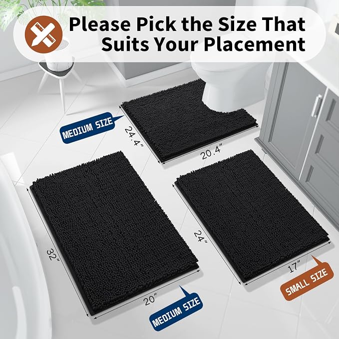 Yimobra Toilet Rugs U Shaped Washable - 24"x20" Non Slip Plush Contour Bath Rugs for Toilet - Super Soft Absorbent Quick Dry Toilet Mats for Bathroom,Black