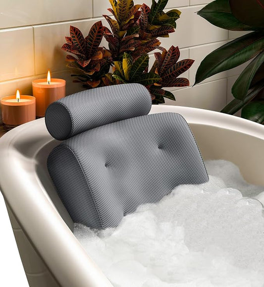 Everlasting Comfort Luxury Bath Pillow for Tub – Quick-Dry 4D Mesh – Gray | Head/Neck/Back Support, Non-Slip Suction Cups, Machine Washable, Drying Hook, Bath/Spa/Jacuzzi Essentials