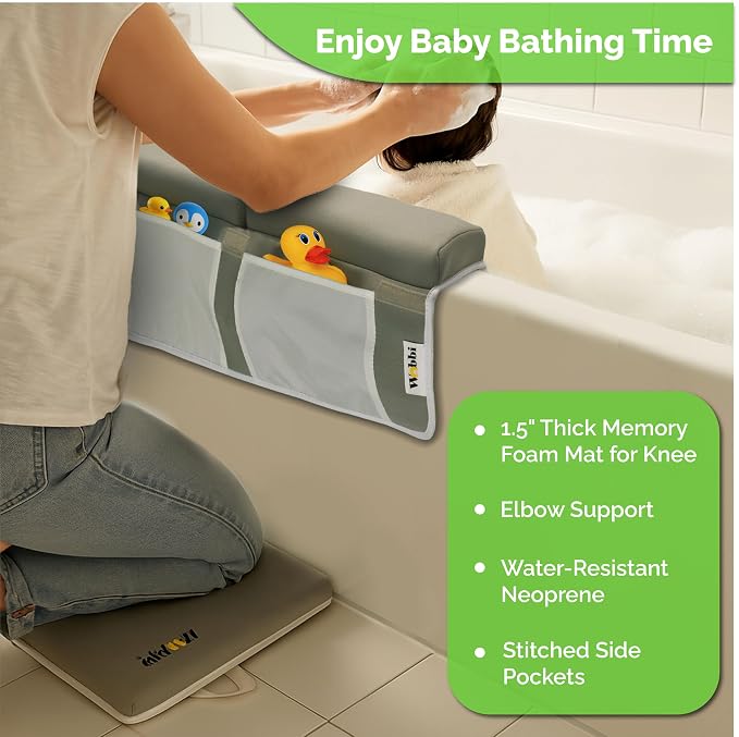Wobbi Comfortable Bath Kneeler and Elbow Rest Pad Set | 6 Suction Cups for Slip-Resistant Stability | 1.5" Thick Memory Foam Bath Kneeling Pad with 4 Storage Pockets (Grey)