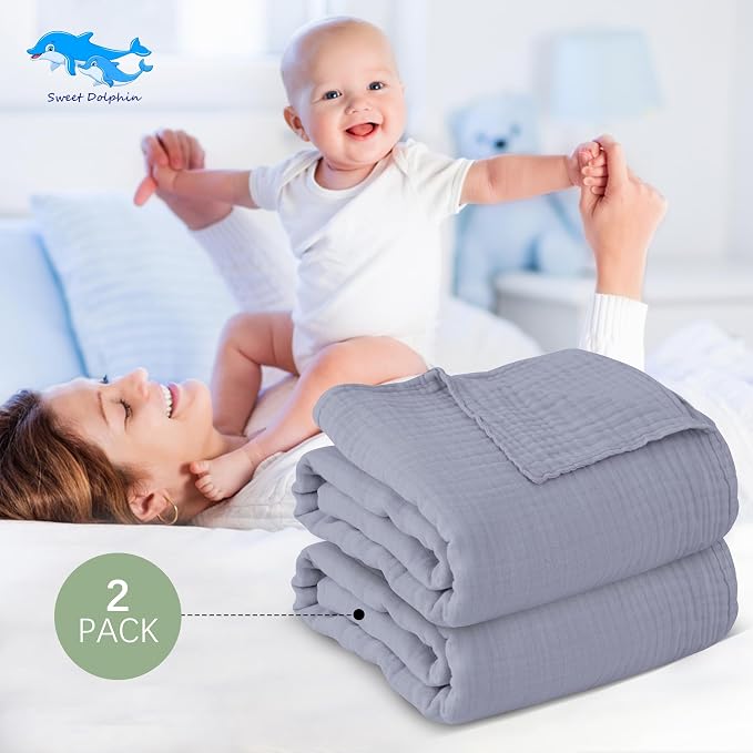 SWEET DOLPHIN Muslin Baby Bath Towels Blanket - 2 Pack 100% Cotton Towel for Babies, Infants, Toddlers - 40x40Inch - Highly Absorbent, Grey