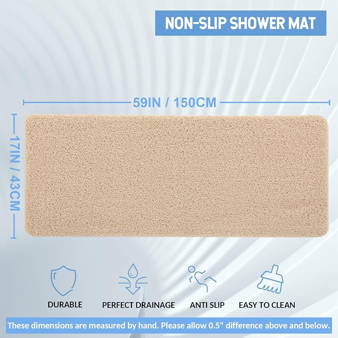 Hargiis Non-Slip Bathtub Mat, Anti Slip Shower Mat, Fast Drying Bathtub Mats, Foot Scrubber Mat, Anti Slip Mat for Tub, Floor, Bathroom, Kitchen, Home, Hotel (Beige 59"×17.3")