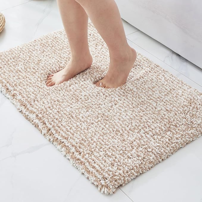 ILANGO Beige and White Bathroom Rugs 24" × 17" Small Non Slip & Super Absorbent Extra Thick Soft, Washable Bath Mat for Floor, Microfiber Plush Shaggy Bath Rug with Rubber for Bathtub Shower Room Sink